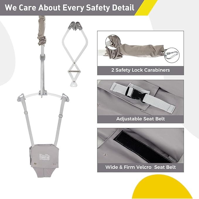 FUNLIO 2 in 1 Baby Door Jumper with Door Clamp, Baby Walking Harness for 6-24 Months, Infant Jumper Doorway with Strong Spring & Adjustable Strap, Easy to Assemble & Store - Grey