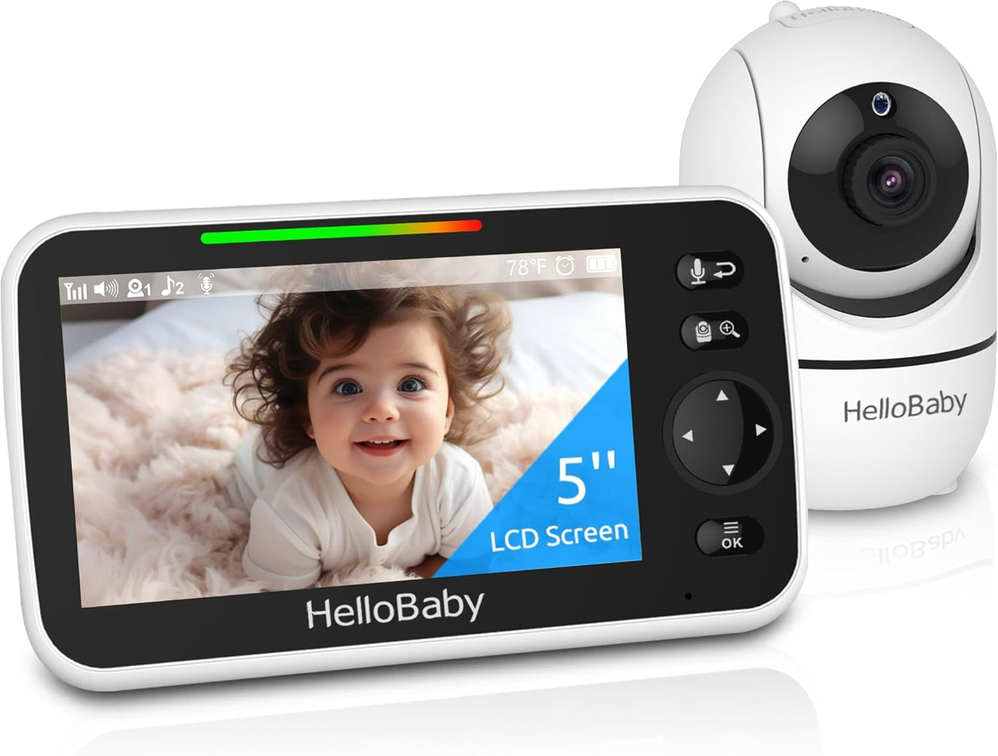 HelloBaby No WiFi Baby Monitor 5" Screen 30-Hour Battery Pan-Tilt-Zoom Video Upgrade with Camera and Audio, Night Vision, VOX, 2-Way Talk, 8 Lullabies and 1000ft Range
