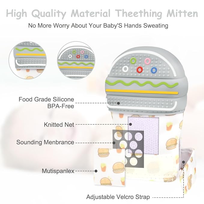 2Pack Silicone Teething Mitt, Hamburger Baby Teething Toy for 0-6 6-12 Months, Food Grade Silicone Infant Teething Mitten, BPA-Free Baby Chew Toys for Pain Relief, Sucking Needs