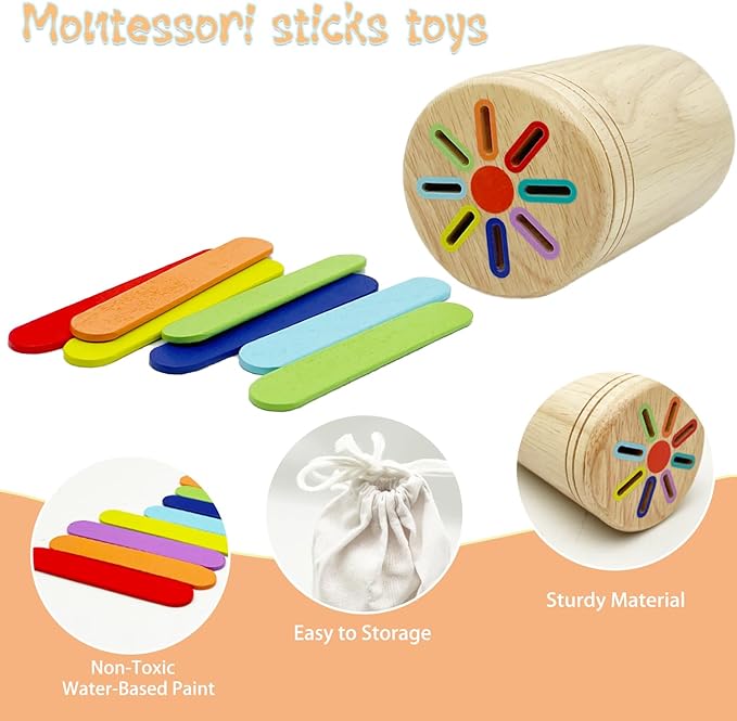 Wooden Montessori Sticks Toys for Kids, 8 Colors Natural Wood Toddler Learning Sorting Toys for 3 Year Old, Sensory Matching Game Birthday Gifts for Boys Girls (Ice Cream Sticks)