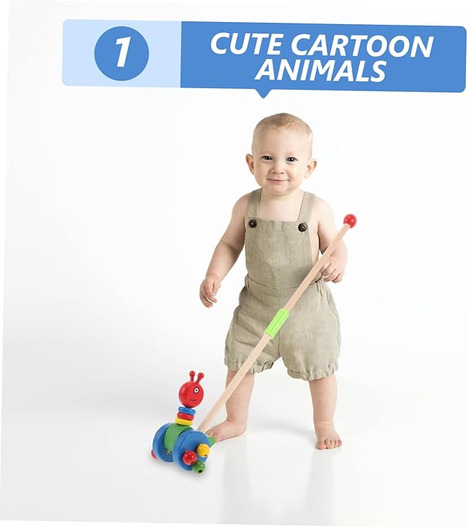 Yardwe Toddler Push Walker Wooden Trolley with Cartoon Animal Design Rolling Wheels for Indoor Outdoor Play Baby Push Pull Toy for Motor Skill Development