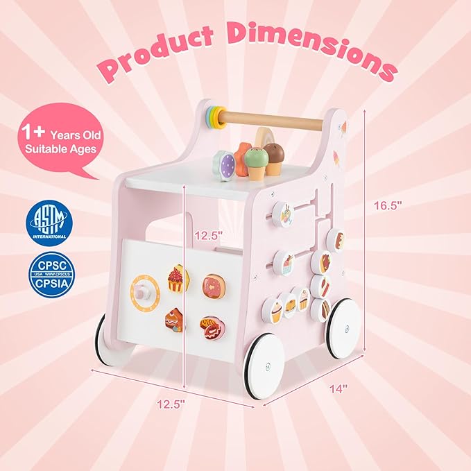 HONEY JOY Baby Push Walker, 8-in-1 Wooden Kids Ice Cream Cart & Activity Walker, Develop Motor Skills & Creativity, Dessert Shop Push Toys for Babies Learning to Walk, Gift for Boys and Girls (Pink)