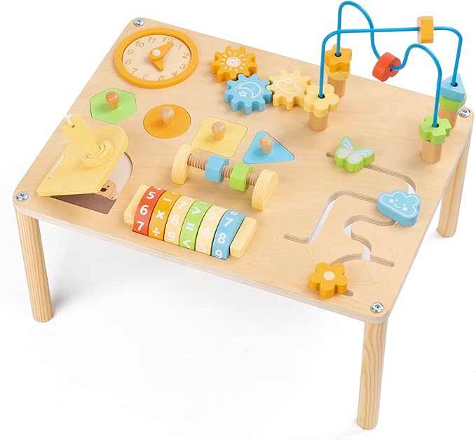 Activity Table for 1 Year Old, 8 in 1 Macaron-Colored Montessori Toys, Baby Activity Table with Bead Maze & Shape Sorter, Educational Sensory Table for Girls Boys 12+ Months