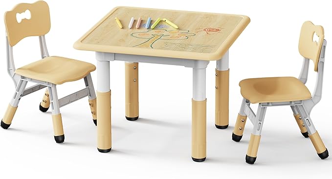 Brelley Kids Table and 2 Chairs Set, Height Adjustable Toddler Desk and Chair Set, Graffiti Desktop, Classroom/Daycare/Home, Children Multi-Activity Table for Ages 2-8
