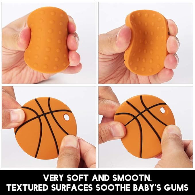 Baby Food Grade Silicone Sport Ball Teether Toy with Pacifier Clip Holder,Teething Toys Gift Set for 3 Months+ Boys and Girls,Freezer Safe,BPA Free. (Basketball)