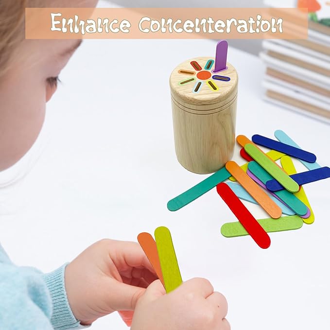 Wooden Montessori Sticks Toys for Kids, 8 Colors Natural Wood Toddler Learning Sorting Toys for 3 Year Old, Sensory Matching Game Birthday Gifts for Boys Girls (Ice Cream Sticks)