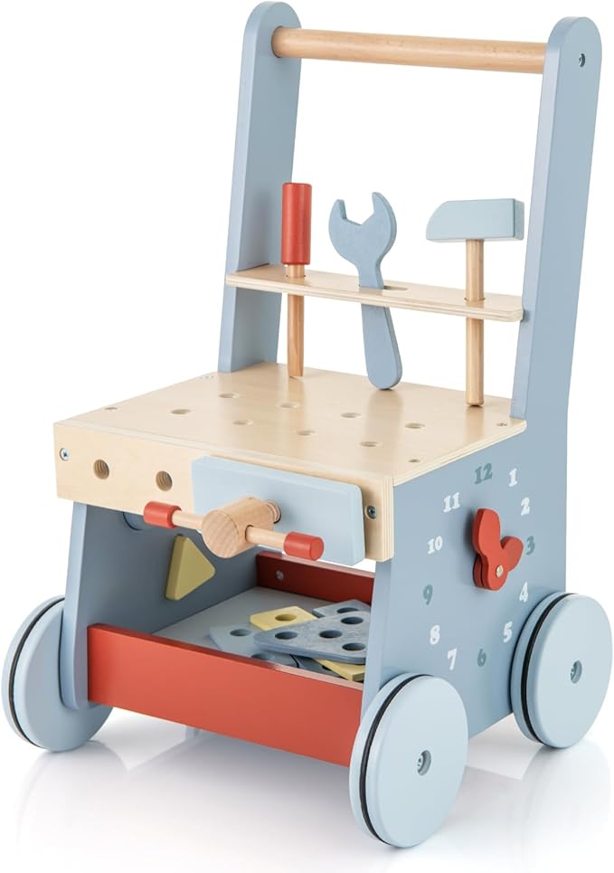 HONEY JOY Baby Push Walker, Wooden Toy Tool Bench & Activity Walker w/Shape Sorter, Develop Motor Skills & Creativity, Push Toys for Babies Learning to Walk, Gift for Boys and Girls, Blue