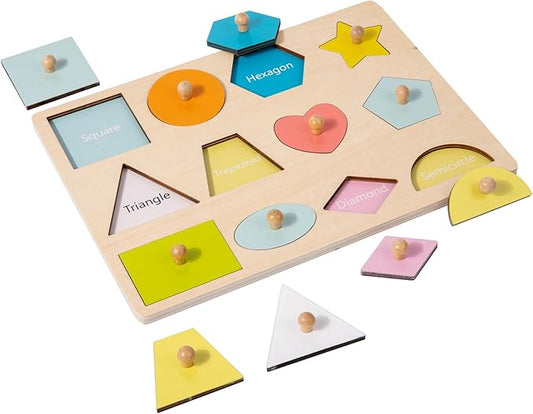 Montessori Toy for Babies 12-18 Months Wooden Shape Puzzles for Toddlers 1-3,Shape Peg Puzzles,Baby Puzzle 12-18-24 Months with Knob,Color & Shape Sorter for Toddlers(12 Geometric Shapes)
