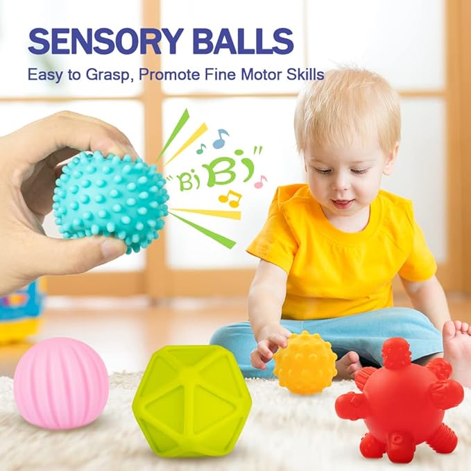 Jyusmile Baby Toys 6-12 Months, Montessori Toy for Babies 6-12 Months, Incl Stacking Building Blocks & Soft Infant Teething Toys & Sensory Balls for Toddlers 0-3-6-9-12 Month