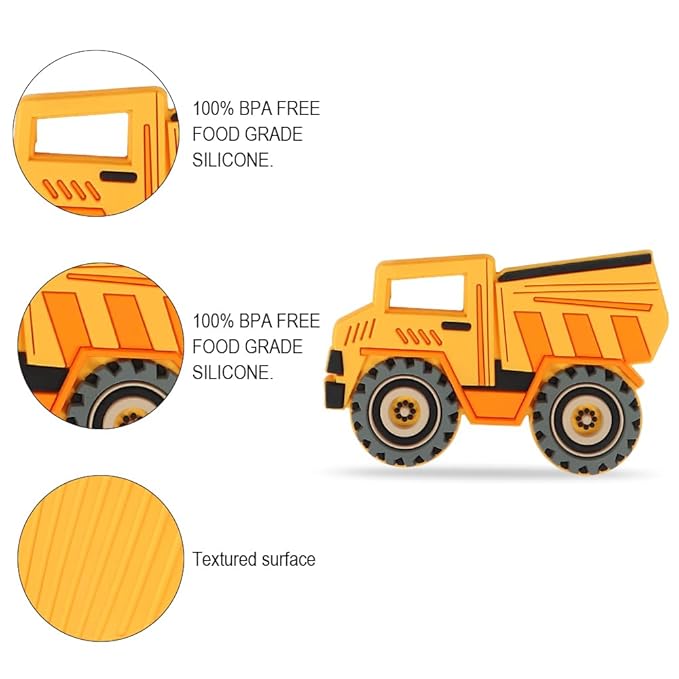 Baby Food Grade Silicone Carrier Vehicle Teether Toy with Pacifier Clip Holder,Teething Toys Gift Set for 3 Months+ Boys and Girls,Freezer Safe,BPA Free. (Dump Truck)