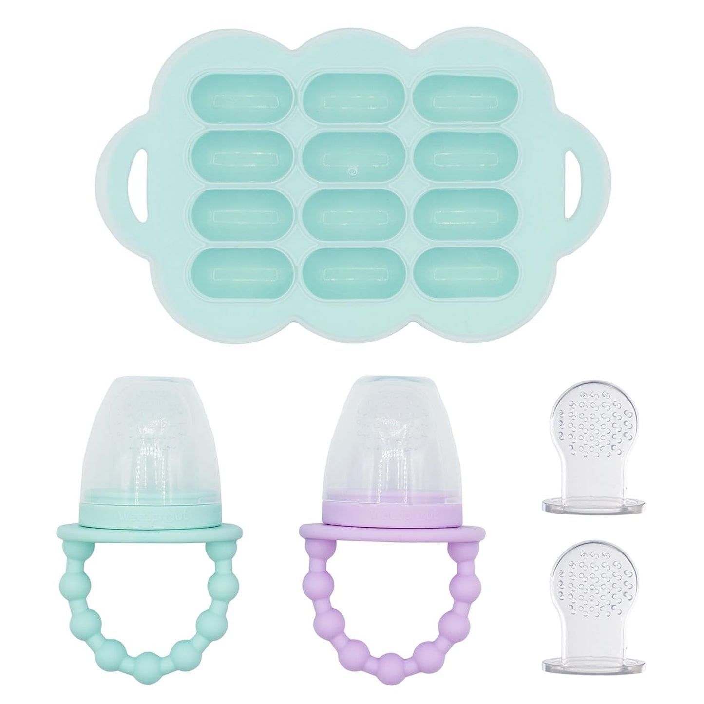 WeeSprout Silicone Baby Food Feeders + Freezer Tray for Batch Prep, Set of 2, Introduce New Foods Safely, Double as Teething Toys, Includes 2 Extra Pouches & Travel Lids, Dishwasher Safe