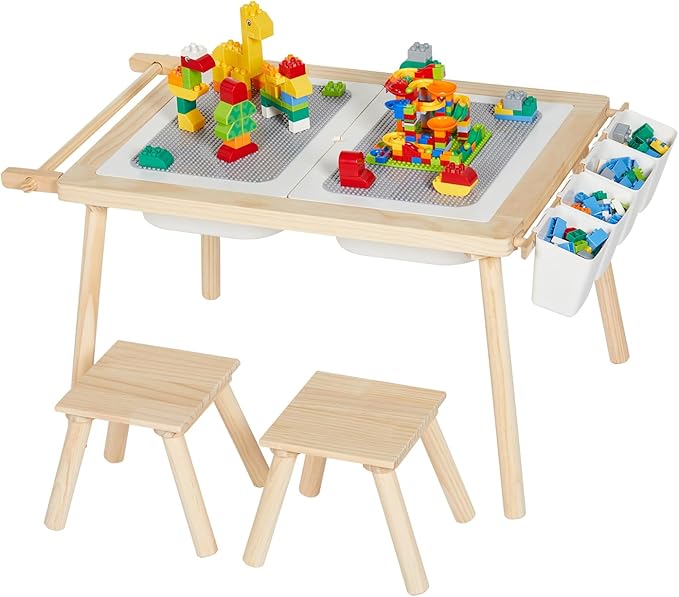 5-in-1 Kids Sensory Table and Chair Set – Wooden Sand and Water Play, Building Blocks, Study, Dining, Toy Storage, Children's Gifts for Boys and Girls