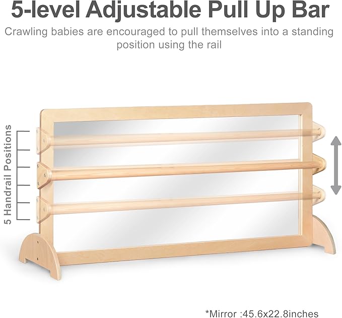 3-Position Montessori Wood Frame Non-Shatter Safety Pull Up Bar Baby Big Mirror Set, Infant Coordination Mirror, Kids Classroom Furniture for Daycare, Homeschool or Preschool