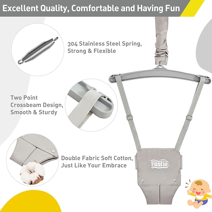 FUNLIO Baby Jumper with a Ceiling Hook for 6-24 Months, Baby Door Jumper for Indoor/Outdoor Play, Infant Jumper Doorway with Adjustable Chain, Easy to Assemble & Store (with a Ceiling Hook)- Grey