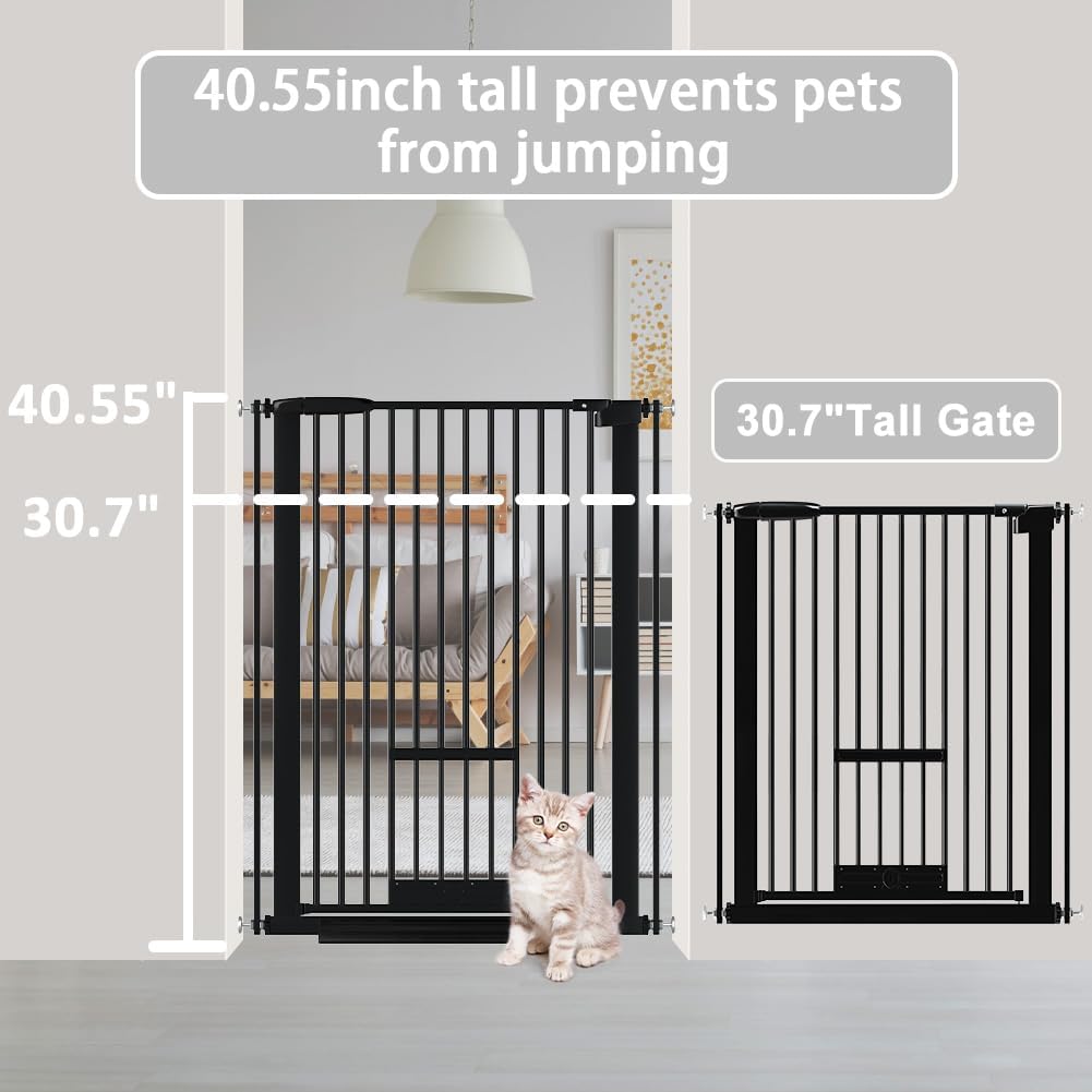 40.55" Tall 1.37" Ultra Narrow Spacing Dogs Pets Baby Gate with Door for Doorway Cat Safety Proof Indoor 30.12-61.61" Extra Wide Puppy Pressure Mounted Black Metal Hallway