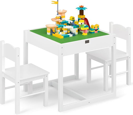 4NM 3 in 1 Kids Table Set, Children Tables and Chairs, Toddler Play Activity Table with Hidden Storage Wood Building Block Desk for Ages 3-7 - White Green