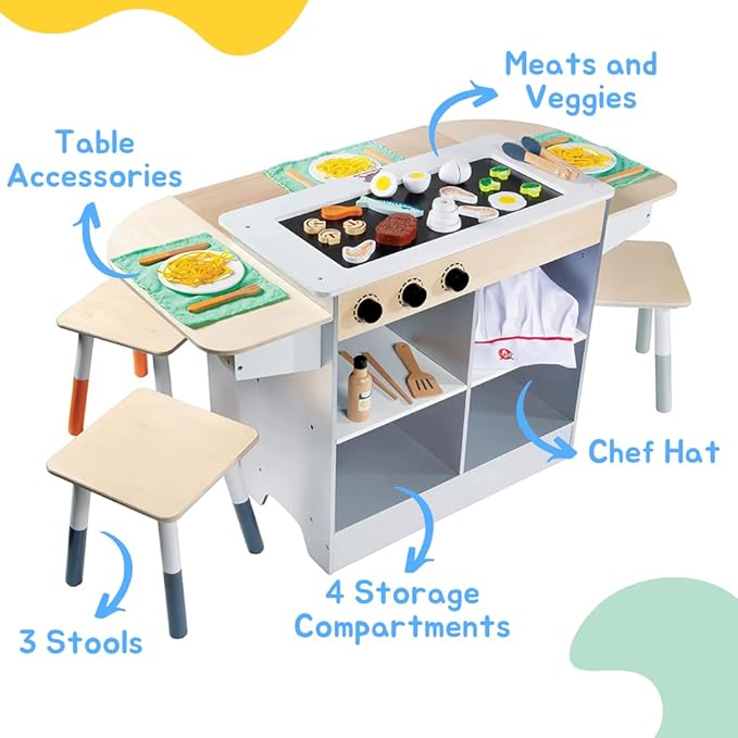 Hibachi Grill Wooden Kids Playset w/ Stools, Table Settings and Over 25 Toy Food Pieces - Noodles, Tongs, Meats, Veggies - Everything Your Little Chef Needs for Pretend Play Indoor Japanese Restaurant