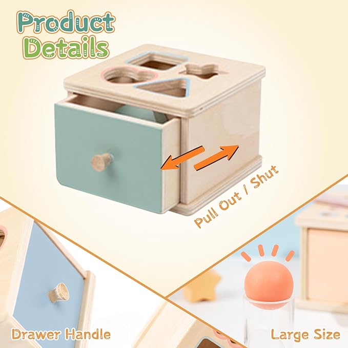 Montessori Toys for 2 3 4 5 Year Old - Wooden Object Permanence Box with Drawer Sensory Toys Shape Sorter Color Sorting Education for Baby Toddler Boy Girl Drop Busy Box (B-Blocks)