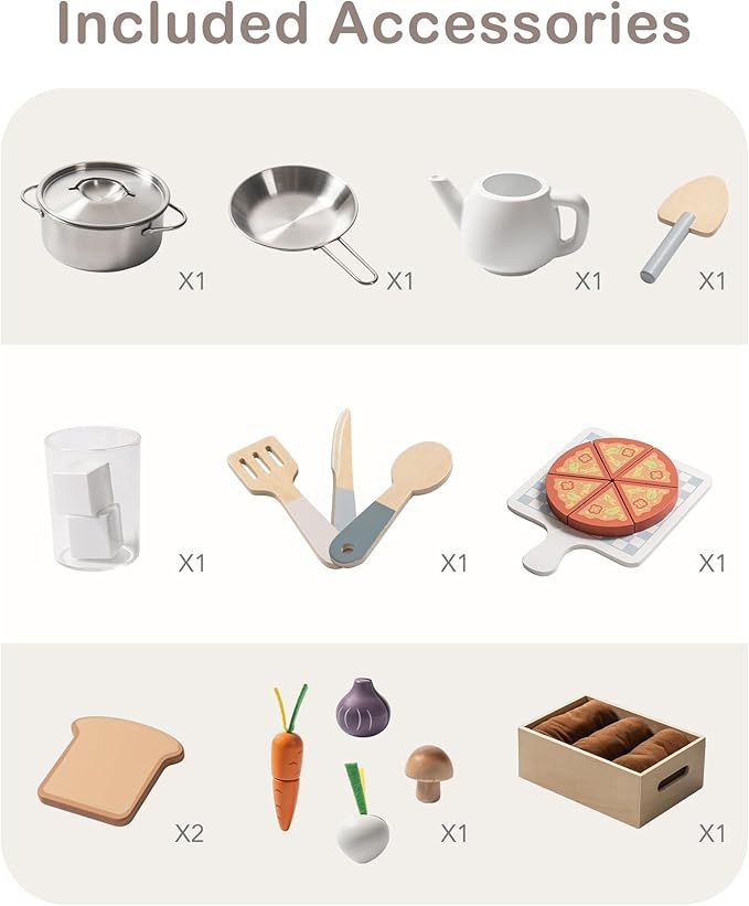 ROBOTIME Play Kitchen for Kids, Wooden Kids Play Kitchen Playset with Cutting Toy Food Set, Toaster and Toddler Gardening Sets- Toddlers Play Kitchen Gifts for Boys and Girls Ages 3+