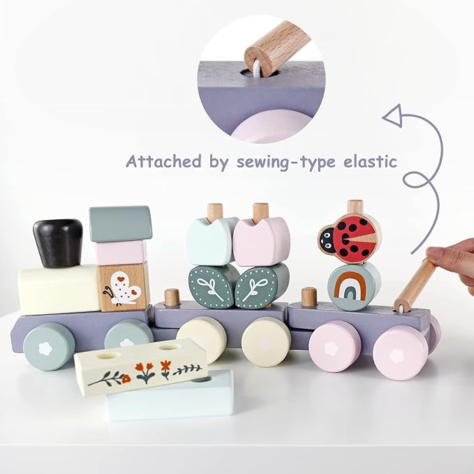 Wooden Stacking Train Toy Set,Wooden Building Blocks Train with Shape Sorter Early Learning Gift for Toddlers Boys Girls 12 Months and up