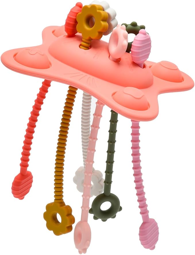 Silicone Montessori Sensory Toys for 18 Months Baby, Drawstring Activity Toy, Early Learning Fine Motor Skills Toys, Car Seat Airplane Travel Teething Toys (Pink)