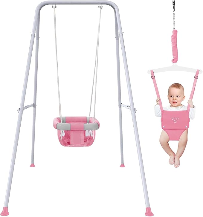 2 in 1 Baby Jumper with Swing - Indoor and Outdoor Use, Toddler Swing with Foldable Stand （Pink）