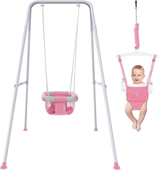 2 in 1 Baby Jumper with Swing - Indoor and Outdoor Use, Toddler Swing with Foldable Stand （Pink）