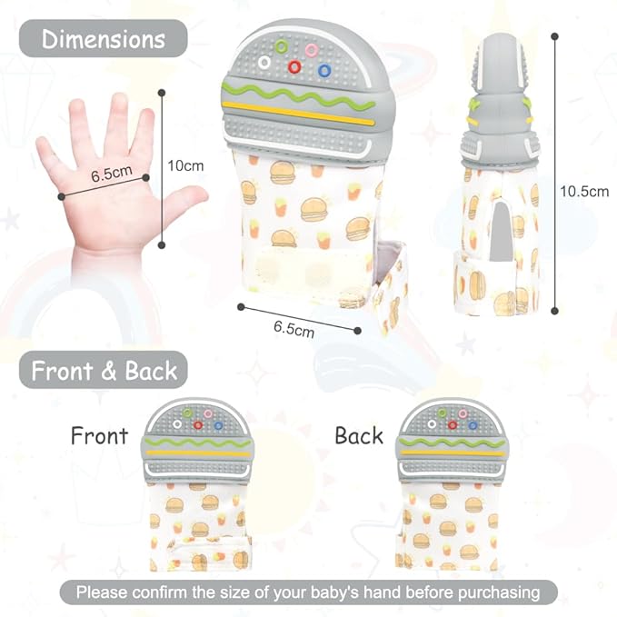 2Pack Silicone Teething Mitt, Hamburger Baby Teething Toy for 0-6 6-12 Months, Food Grade Silicone Infant Teething Mitten, BPA-Free Baby Chew Toys for Pain Relief, Sucking Needs