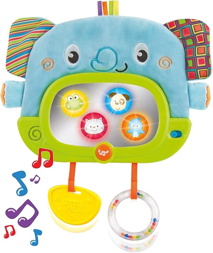 Bambiya Baby Tummy Time Mirror for Floor, Crib, Play Gym & Stroller - Soft Elephant Baby Mirror w/Hidden Characters – Daytime Play & Nighttime Lullaby Modes – 0+ Months