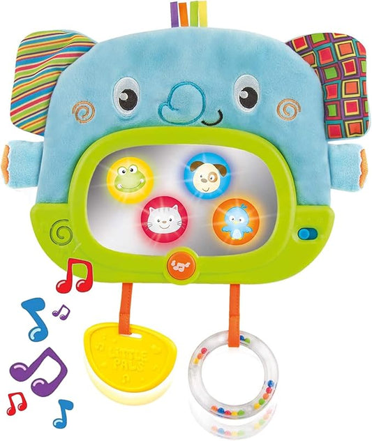 Bambiya Baby Tummy Time Mirror for Floor, Crib, Play Gym & Stroller - Soft Elephant Baby Mirror w/Hidden Characters – Daytime Play & Nighttime Lullaby Modes – 0+ Months