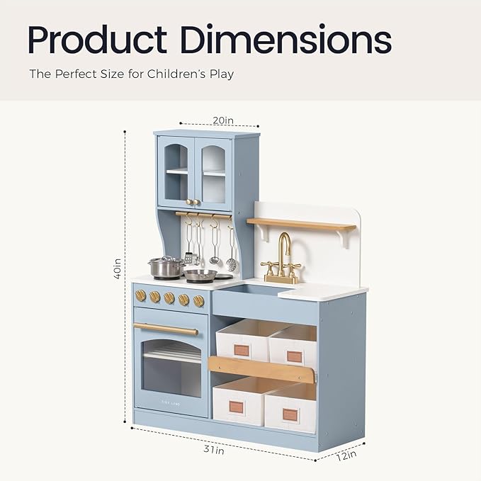 Tiny Land Play Kitchen for Kids with Enhanced Storage – Modern Toddler Kitchen Playset with Stove, Sink & Accessories, Organized Wooden Toy Kitchen, Ideal for Toddlers