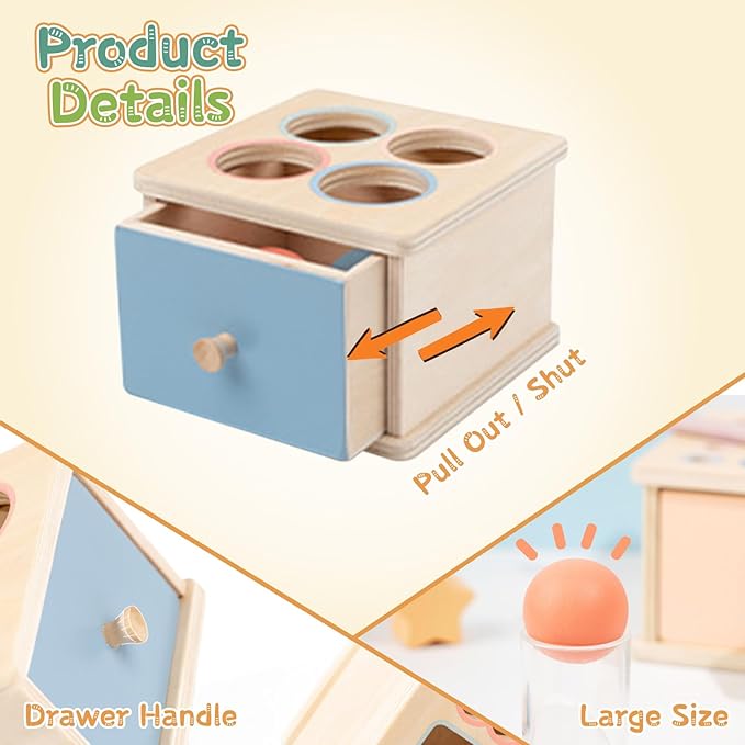 Montessori Toys for 2 3 4 5 Year Old - Wooden Object Permanence Box with Drawer Sensory Toys Shape Sorter Color Sorting Education for Baby Toddler Boy Girl Drop Busy Box (C-Balls)