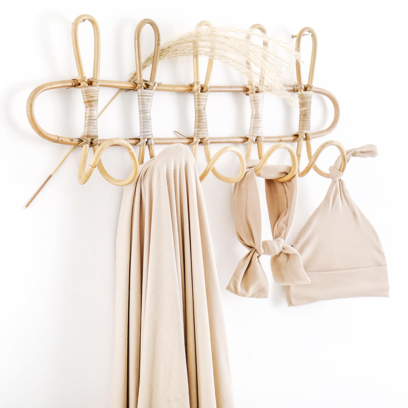 GRSSDER Newborn Swaddle Blanket, Ultra Soft Jersey Receiving Blanket with Matching Headband and Beanie Set, 47×47" Extra Large Nursery Swaddle Wrap for Girls and Boys