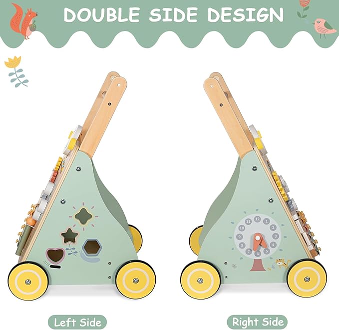 Wooden Baby Walker, Multiple Learning Activities Center Develops Motor Skills for Infant to Toddler, Push and Pull Walkers with Wheel for Boys Girls