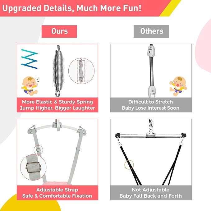 FUNLIO 2 in 1 Baby Door Jumper with Door Clamp, Baby Walking Harness for 6-24 Months, Infant Jumper Doorway with Strong Spring & Adjustable Strap, Easy to Assemble & Store - Pink