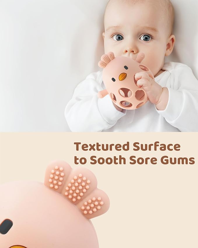 Baby Teething Toy, Easy-to-Grasp Sensory Teether for Infants 3–12 Months, 100% Food-Grade Silicone, Teething Relief & Developmental, BPA Free (Pink-NO Rattle)