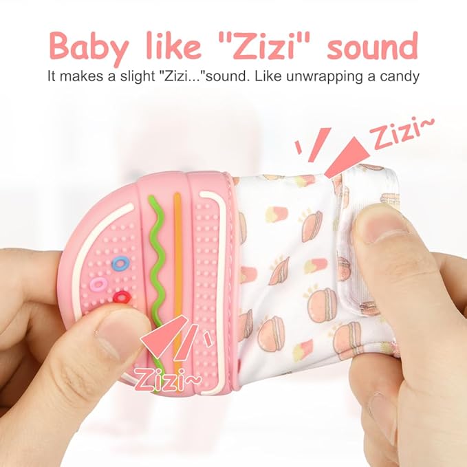 2Pack Silicone Teething Mitt, Hamburger Baby Teething Toy for 0-6 6-12 Months, Food Grade Silicone Infant Teething Mitten, BPA-Free Baby Chew Toys for Pain Relief, Sucking Needs