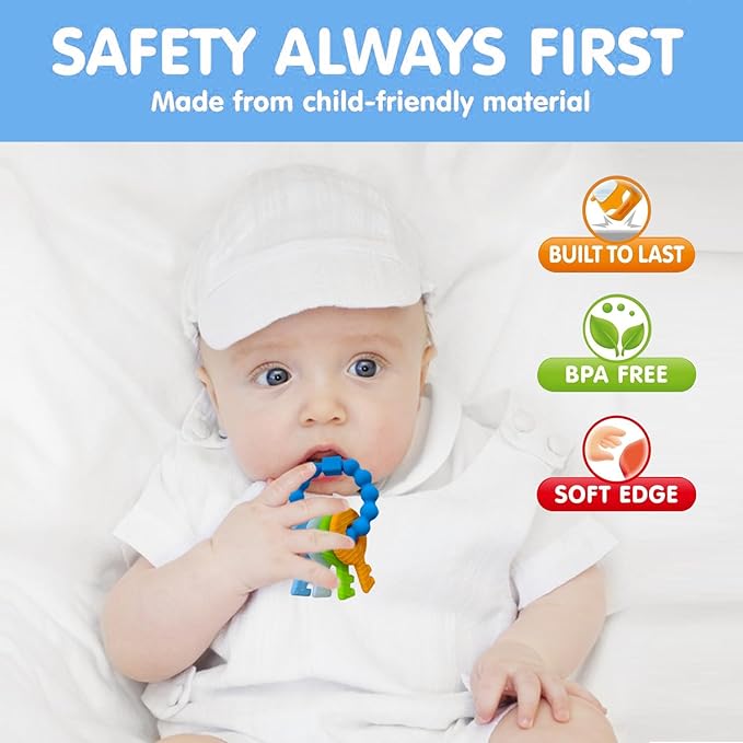 Baby Keys Teether Toys,Silicone Teething Toys for 3-18+ Months,Teething Keys Toy for Infants-Soft & Raised Texture to Soothe Gums,BPA Free (4Colors)
