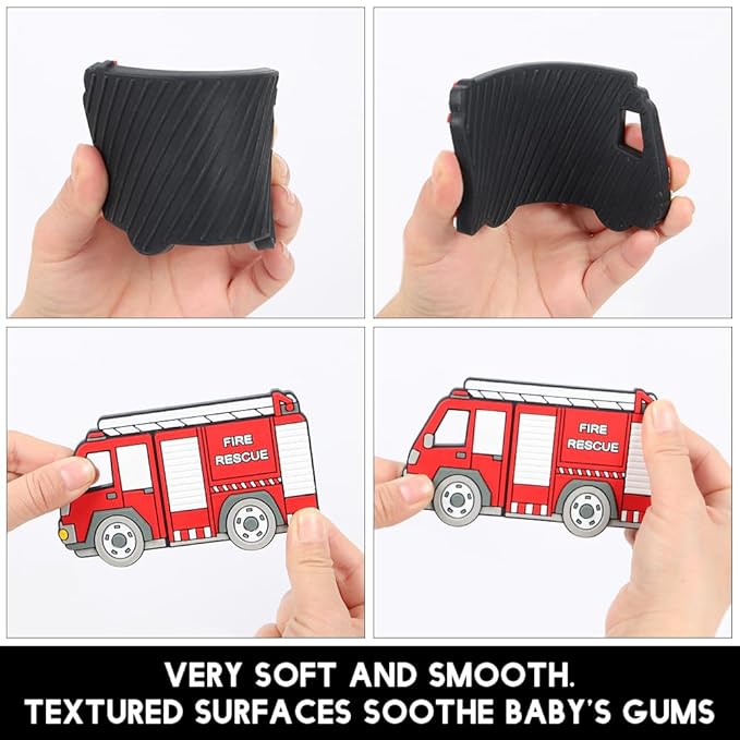 Baby Food Grade Silicone Carrier Vehicle Teether Toy with Pacifier Clip Holder,Teething Toys Gift Set for 3 Months+ Boys and Girls,Freezer Safe,BPA Free. (Fire Truck)