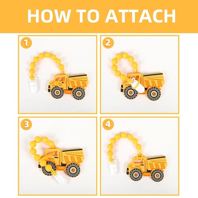 Baby Food Grade Silicone Carrier Vehicle Teether Toy with Pacifier Clip Holder,Teething Toys Gift Set for 3 Months+ Boys and Girls,Freezer Safe,BPA Free. (Dump Truck)