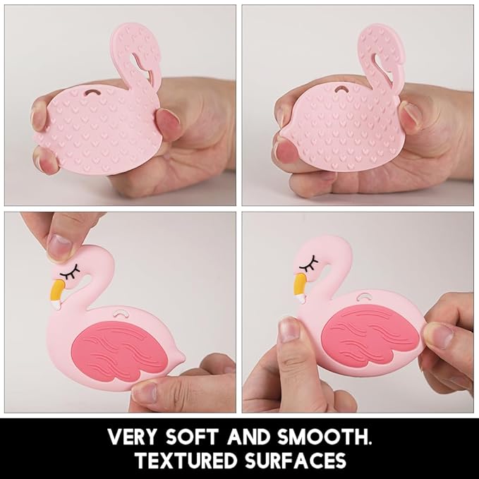 Baby Food Grade Silicone Teether Toy with Pacifier Clip Holder,Teething Toys Gift Set for 3 Months+ Boys and Girls,Freezer Safe,BPA Free. (Pink Flamingo)
