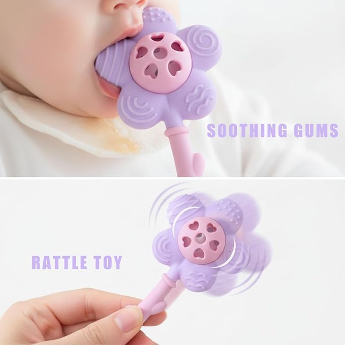 Baby Teething Toys 3-6 Months, Teether and Sensory Rattle for Babies 0-6 Months, Food Grade Silicone Teethers 6-12 Months, Infant Teething Relief Chew Toys, Sunnyflower Teether Toy BPA Free - Purple