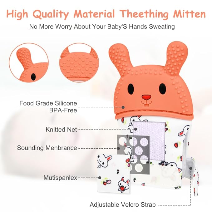 2Pack Silicone Teething Mitt, Rabbit Baby Teething Toy for 0-6 6-12 Months, Food Grade Silicone Infant Teething Mitten, BPA-Free Baby Chew Toys for Pain Relief, Sucking Needs