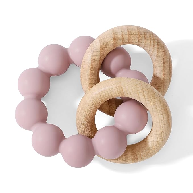 Socub Baby Teething Toys for 0-6 6-12 Months- BPA-Free Food-Grade Silicone & Natural Beech Wood Teether Ring for Newborn Infants Teething Relief- Easy-Grip Sensory Rattle Toys(Dusty Lilac)