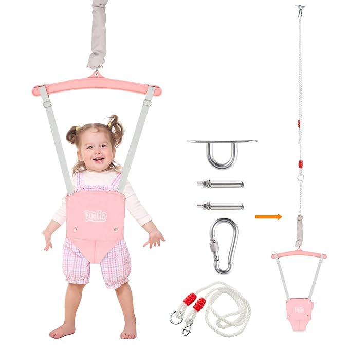 FUNLIO Baby Jumper with a Ceiling Hook for 6-24 Months, Baby Door Jumper for Indoor/Outdoor Play, Infant Jumper Doorway with Adjustable Chain, Easy to Assemble & Store (with a Ceiling Hook) - Pink