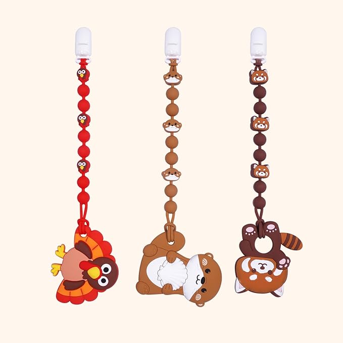 Cute Animal Baby Food Grade Silicone Teether Toy with One Piece Design Pacifier Clip Holder,Teething Toys Gift Set for 3 Months+ Boys and Girls,Freezer Safe,BPA Free (Red Turkey)