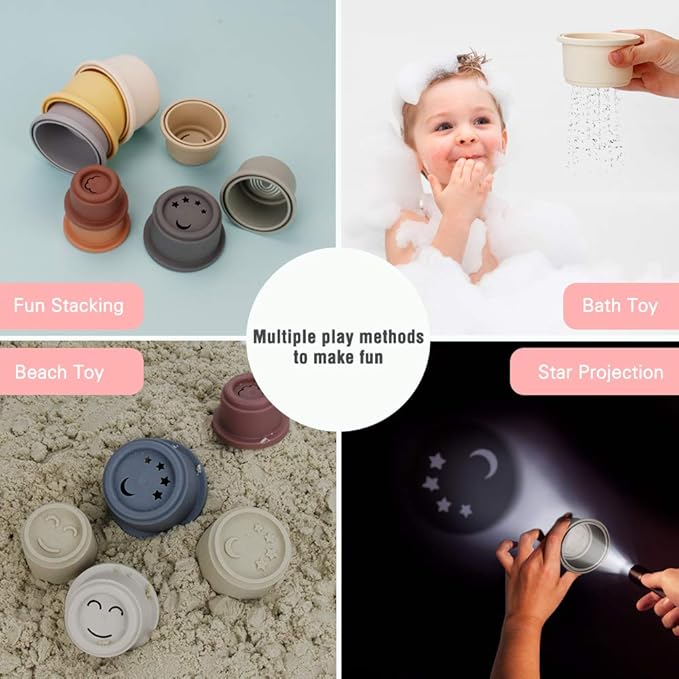BOBXIN Stacking Cups Baby Building/Bathtub/Beach Toy, Nesting Cup Early Educational Montessori Toddlers Stacking Toy, 8 Pcs with Numbers & Pattern, Fun for Kid Baby 6-12 Months Play for Indoor/Outdoor