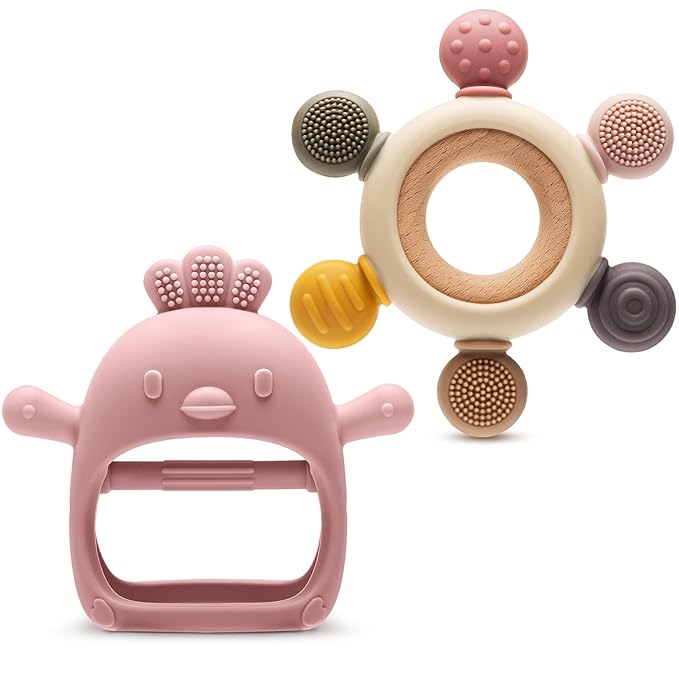 2 Packs Baby Teething Toy for 3-6 6-12 Months, Teether Mitten & Silicone Rudder with Wooden Ring, Food Grade Silicone, BPA-Free, Baby Chew Toys for Sucking Needs