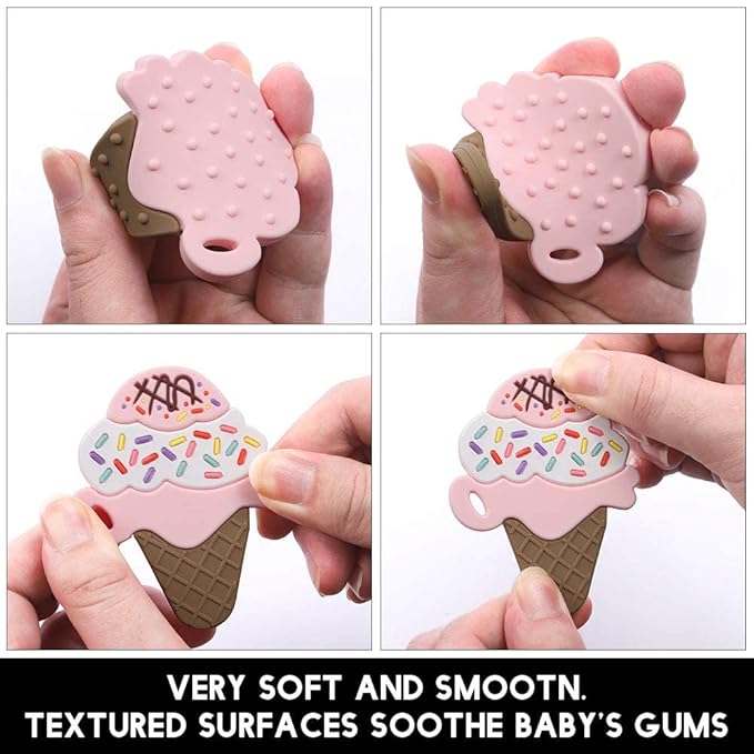 Baby Food Grade Silicone Teether Toy with One Piece Design Pacifier Clip Holder,Teething Toys Gift Set for 3 Months+ Boys and Girls,Freezer Safe,BPA Free. (Ice Cream)