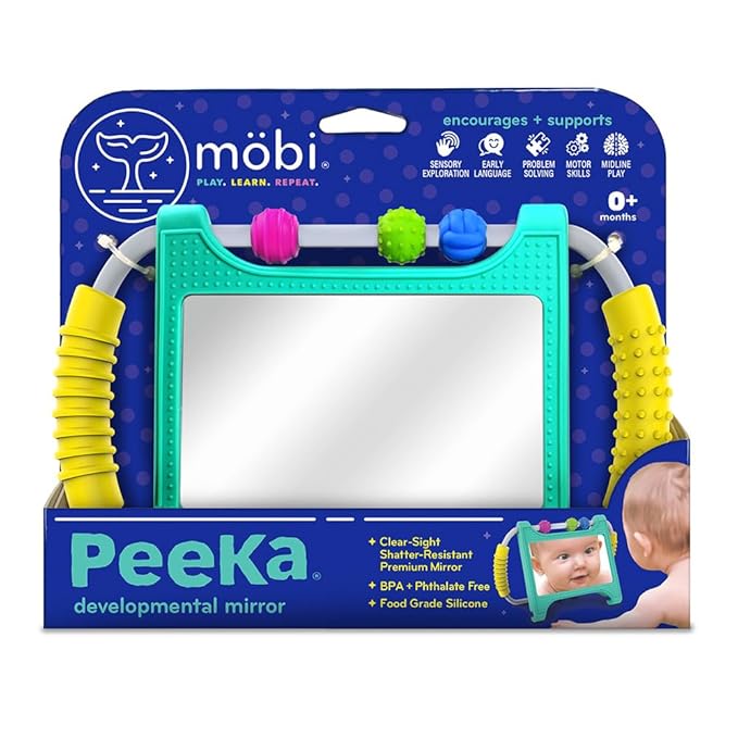 Mobi Peeka Activity Toy - Tummy Time Baby Mirror, Food Grade Silicone Montessori Toys, Shatterproof Mirror for Babies, BPA and Phthalate Free - for 0-6 Months Newborns and Up